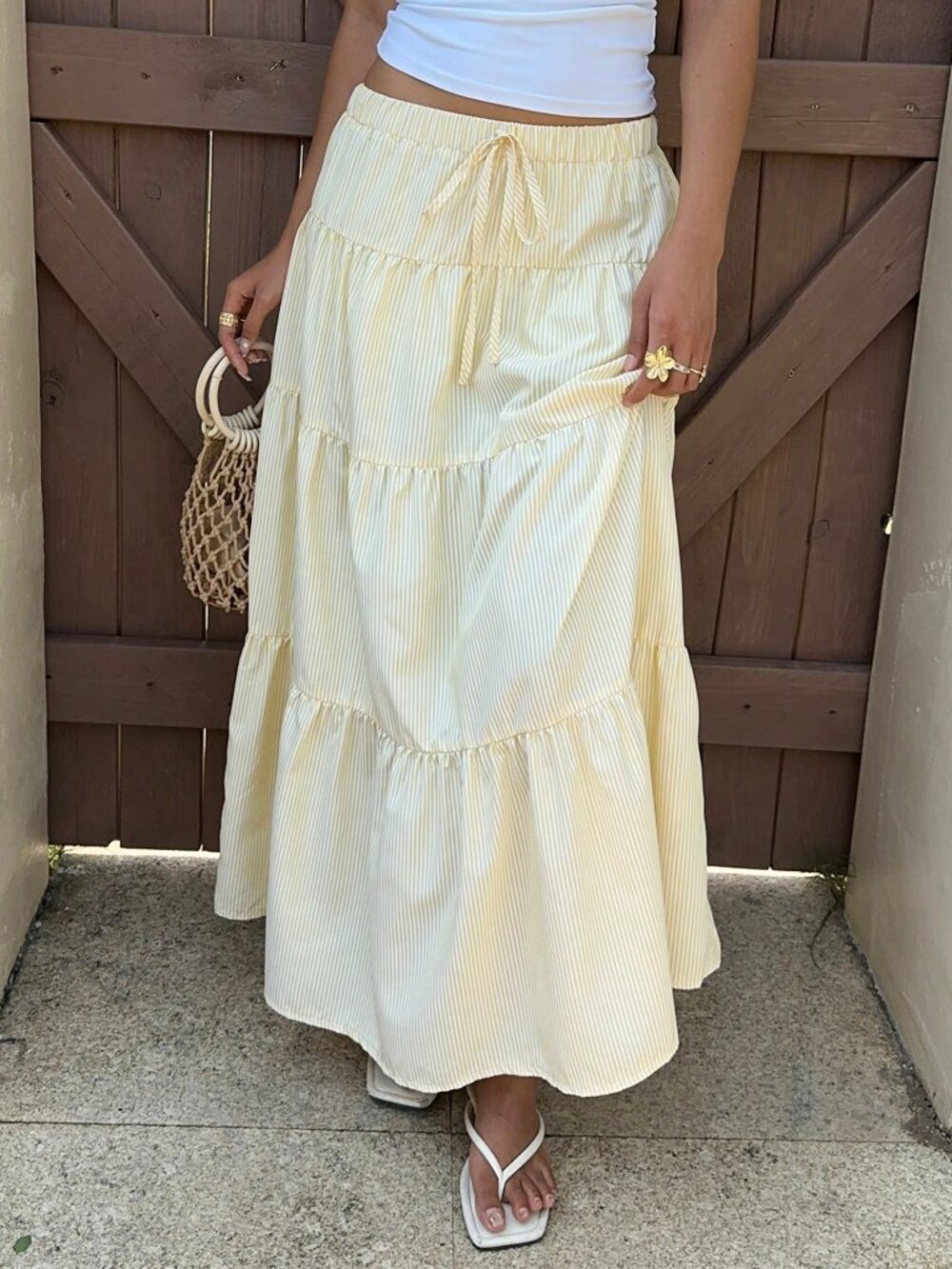 Yellow Casual Women's Butter Striped Long Skirt - Picture 5 of 5